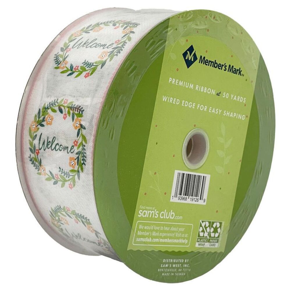 Member's Mark Premium Wired Ribbon 50 Yards 2.5 in Width, Welcome Floral Wreath